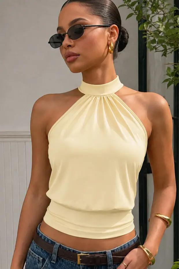 Bele Oturan Bağcıklı Esnek Crop top bluz